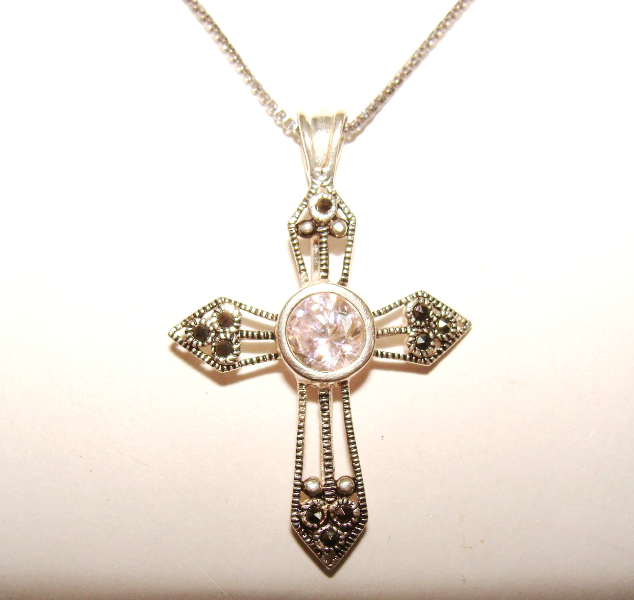 Silver Plated Mark 925 Cross Marcasite Interchangeable 7 Colors CZ 18″ Necklace