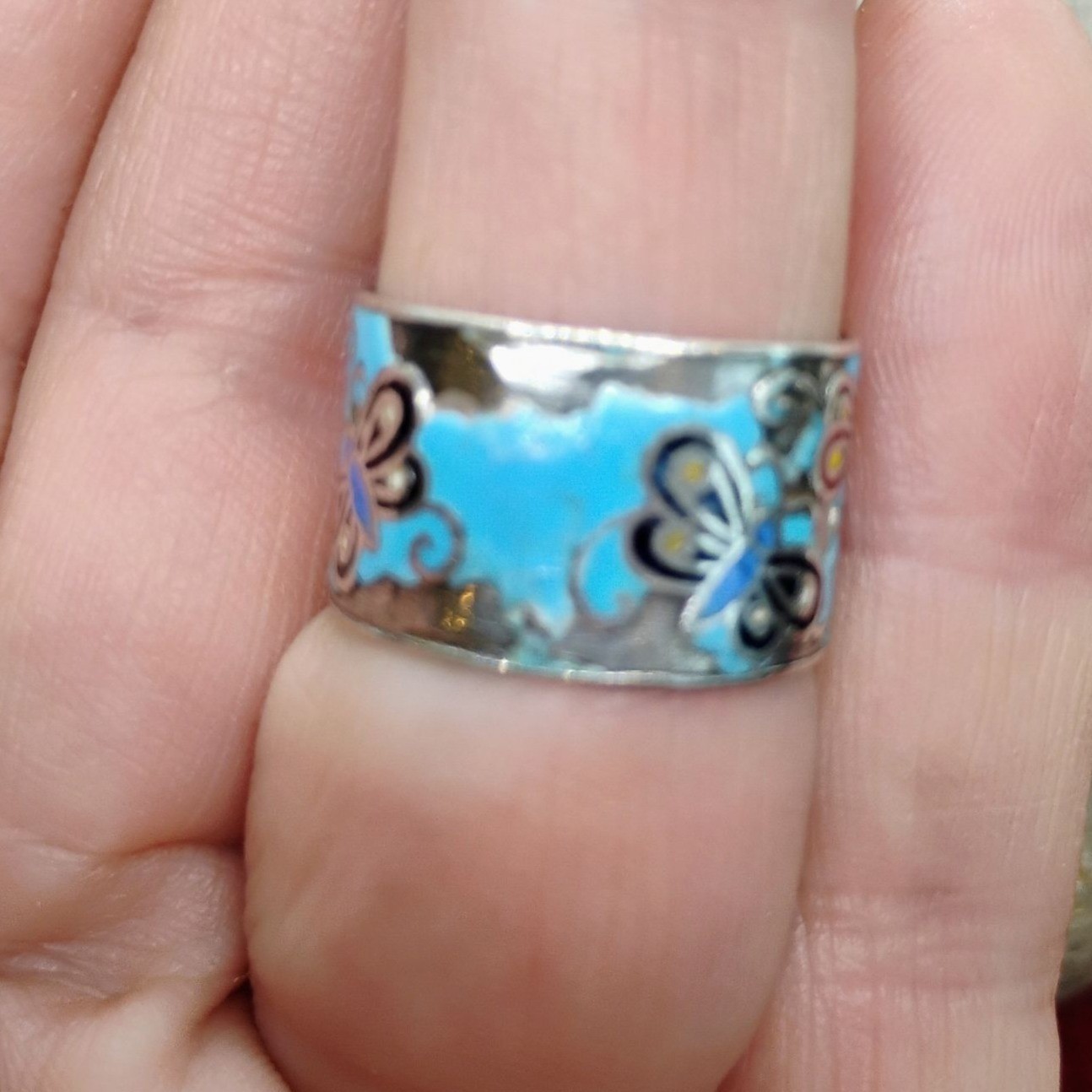 Vtg Butterfly Cloisonne Sterling Silver Wide Band Ring Size 7 Thailand – READ