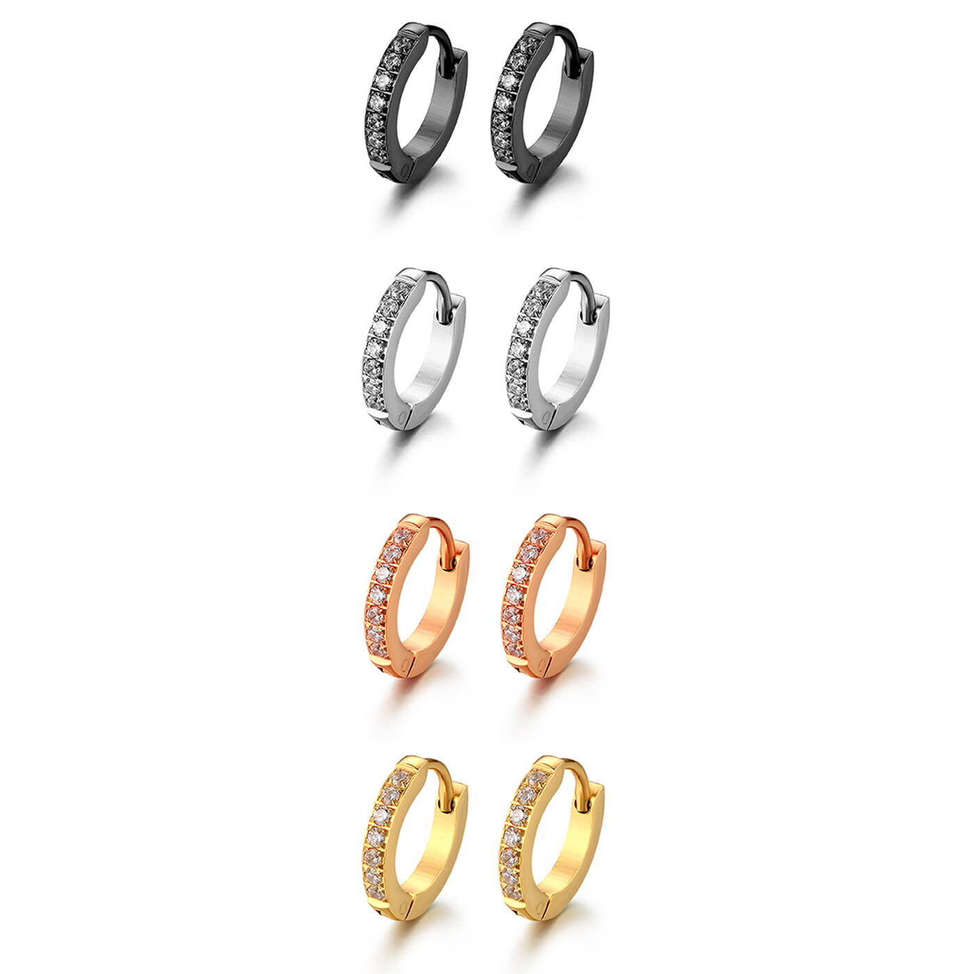 2pcs Men’s Women’s Stainless Steel CZ Inlaid Small Huggie Hinged Hoop Earrings