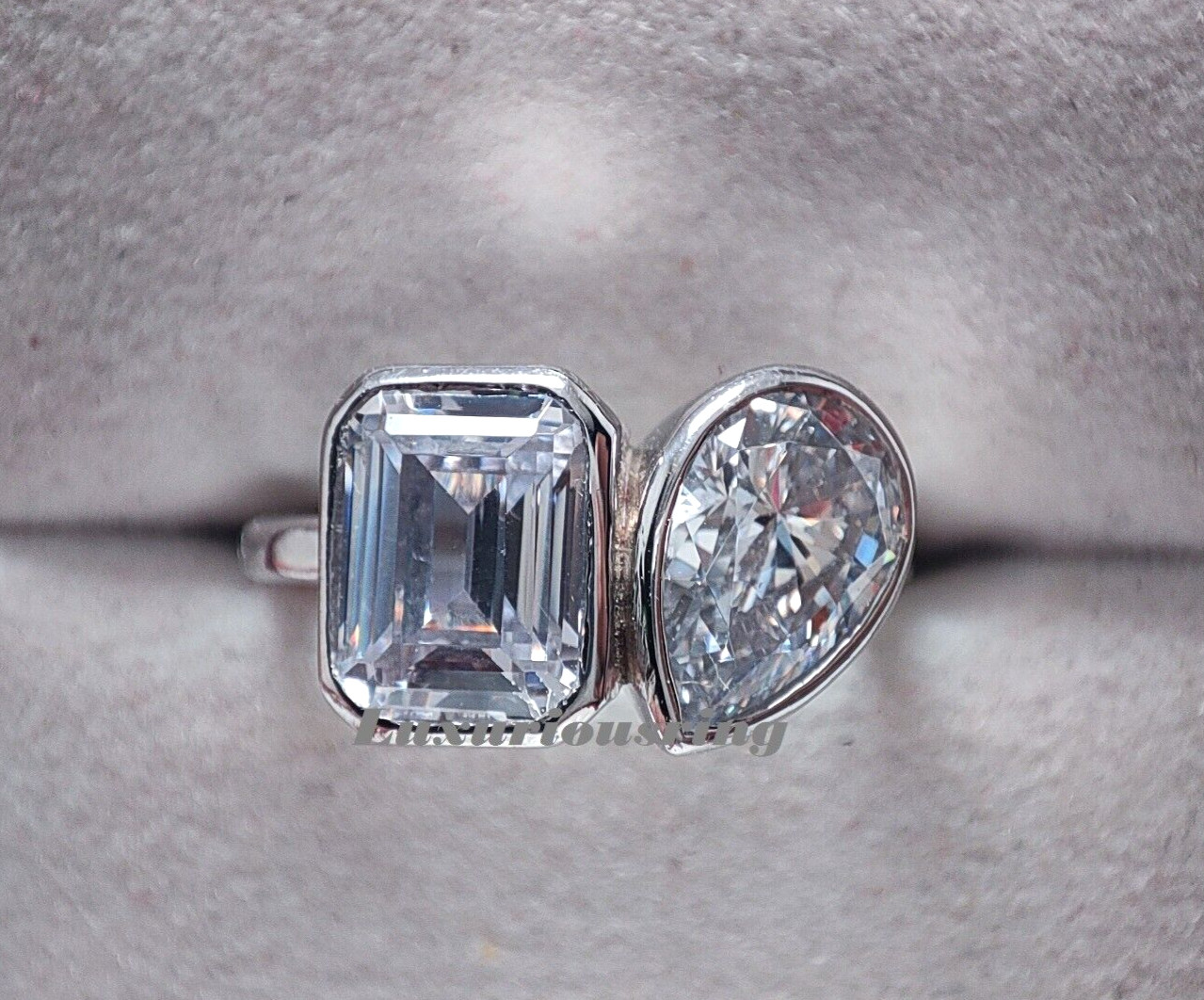 925 Starling Silver White Moissanite Toi Et Moi Ring, Two Stone Bezel Set Ring