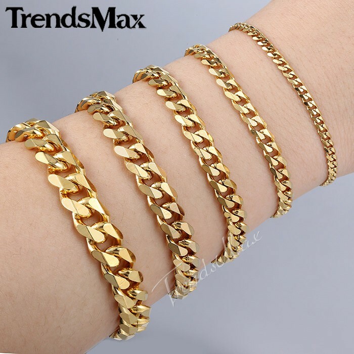 3/5/7/9/11mm 14K Gold Plated Stainless Steel Curb Cuban Chain Bracelet Men 7-11″