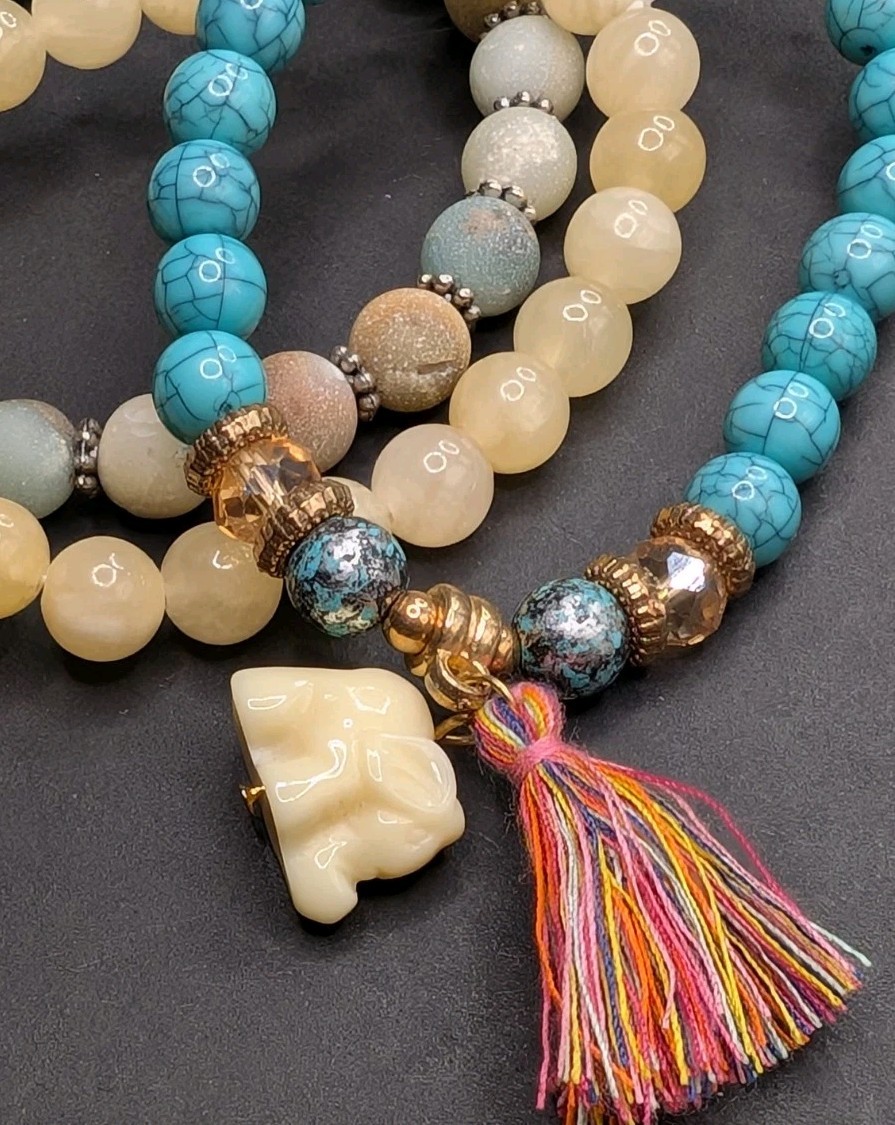 Women’s Elephant Charm Mixed Beaded Stretch Bracelet (16cm) 6″ S Wrist Set