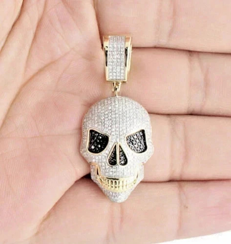 14K Yellow Gold Plated Globe Human Skull Pendant 3 Ct Round Simulated Diamond
