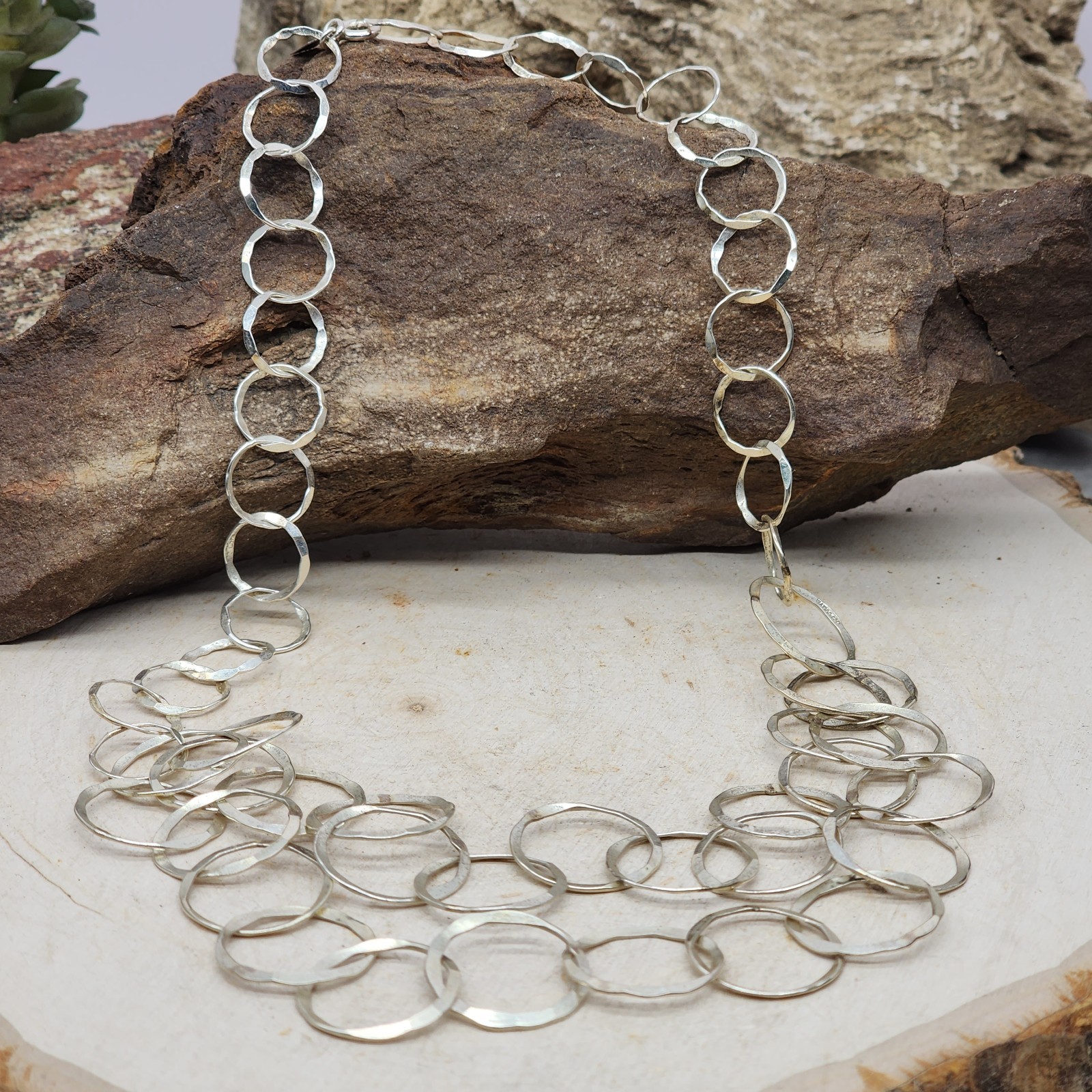 Finola Hughes Hammered 925 Sterling 2 Row Hammered 17″ Chain Link Necklace 18g