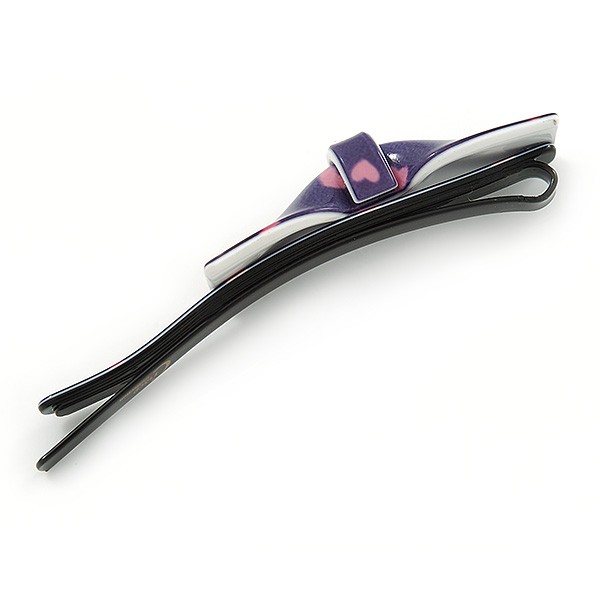 1Pcs Purple with Pink Hearts Acrylic Bow Hair Grip/ Slide In Black Tone Metal –