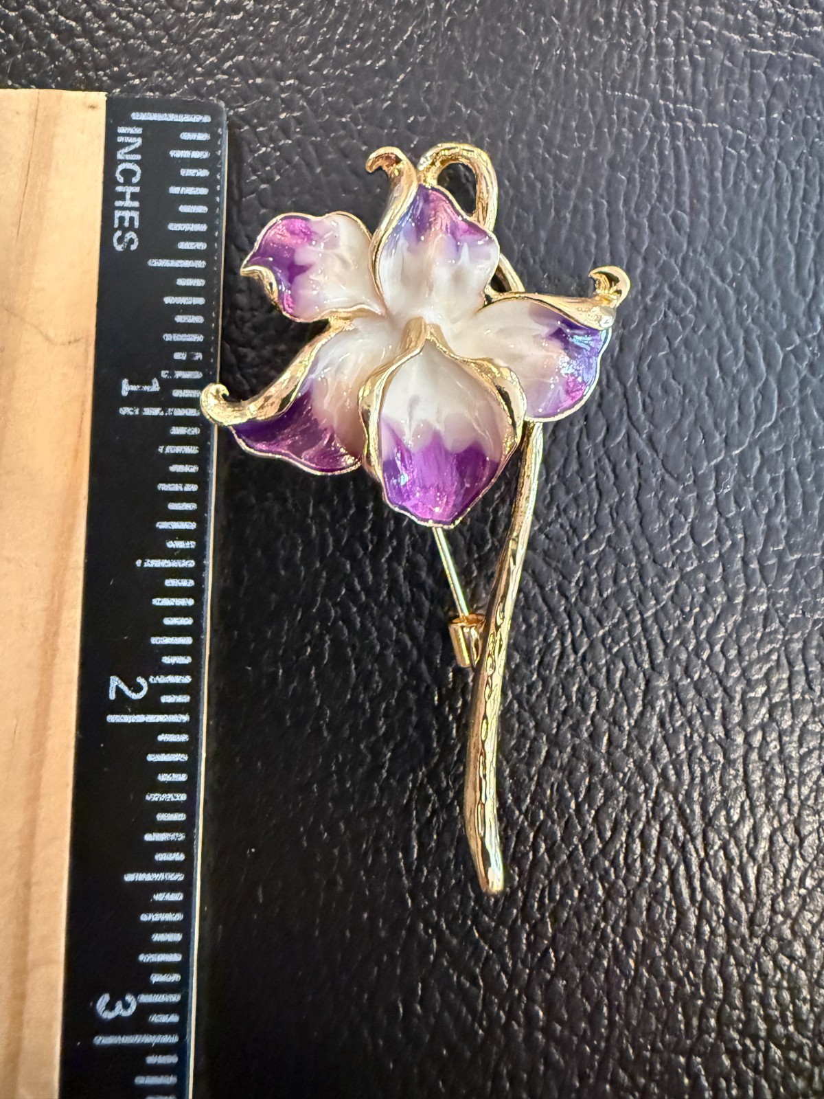 New Orchid Enamel Flower Brooch, 2.28-Inch, 14K Gold‑Plated Pin