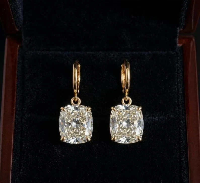 4.00 Ct Cushion Cut E-VS1 Lab Grown Diamond Drop Dangle Earrings 14K Yellow Gold
