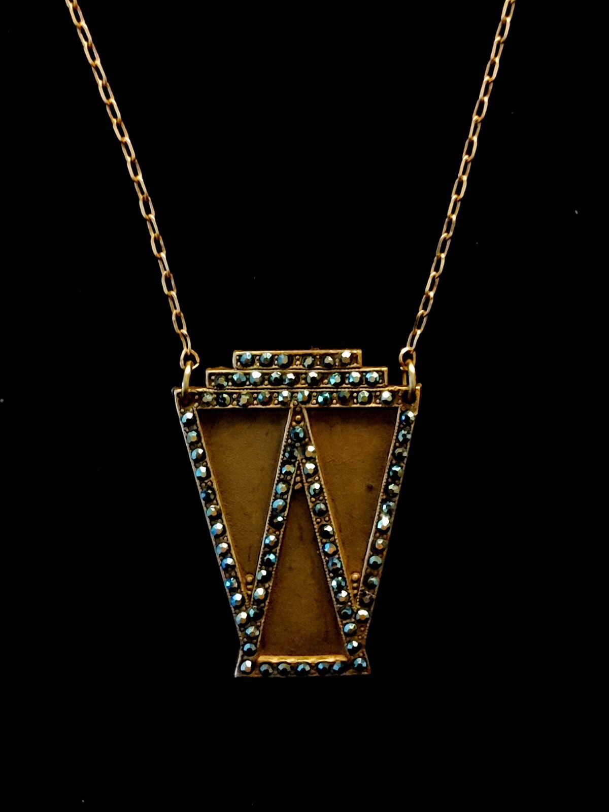 Vintage 1930s Art Deco Rhinestone Die Struck Pendant Necklace Authentic