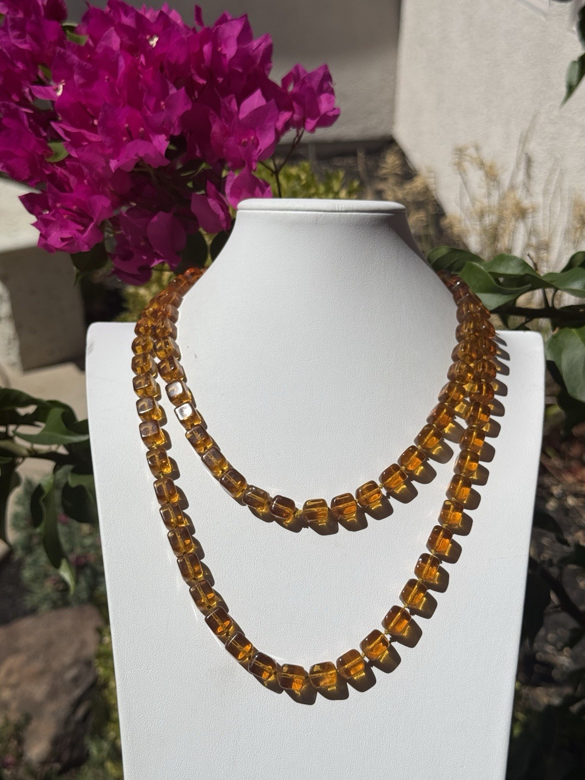 Vintage Golden Honey Cubed Glass Beads All Knotted Necklace 44″ L