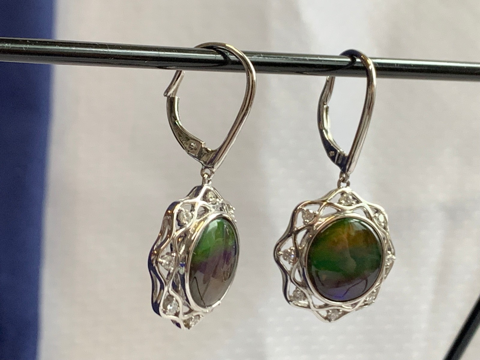 14K White Gold Iridescent Ammolite Earrings 9.54g Jewelry Clear Stones *READ*