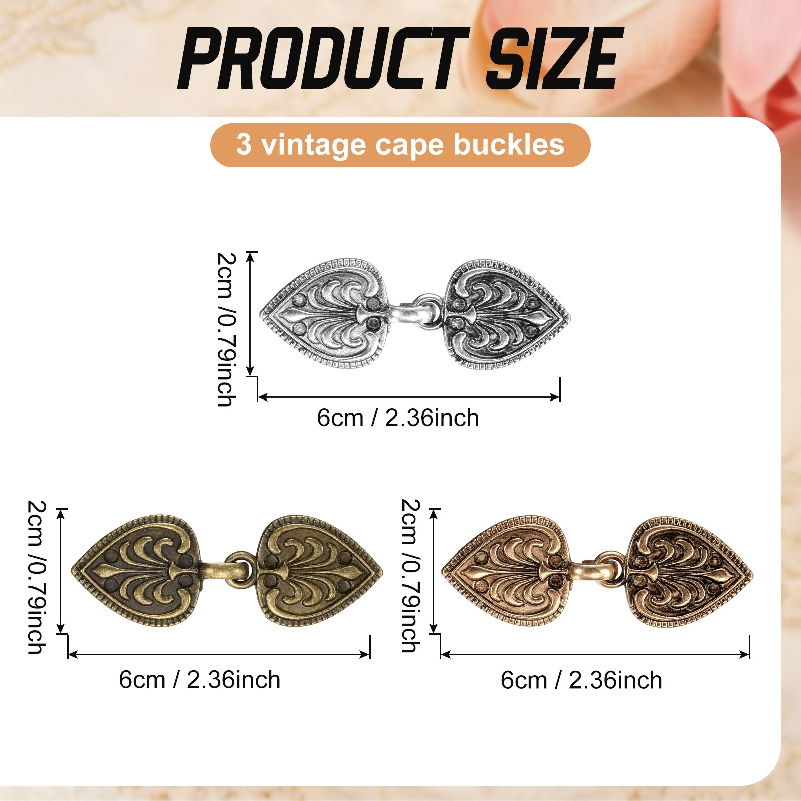 Vintage for Cloak Gold/Silver/Copper Clasps 3Pcs Tone(2.4×0.8″) Women,