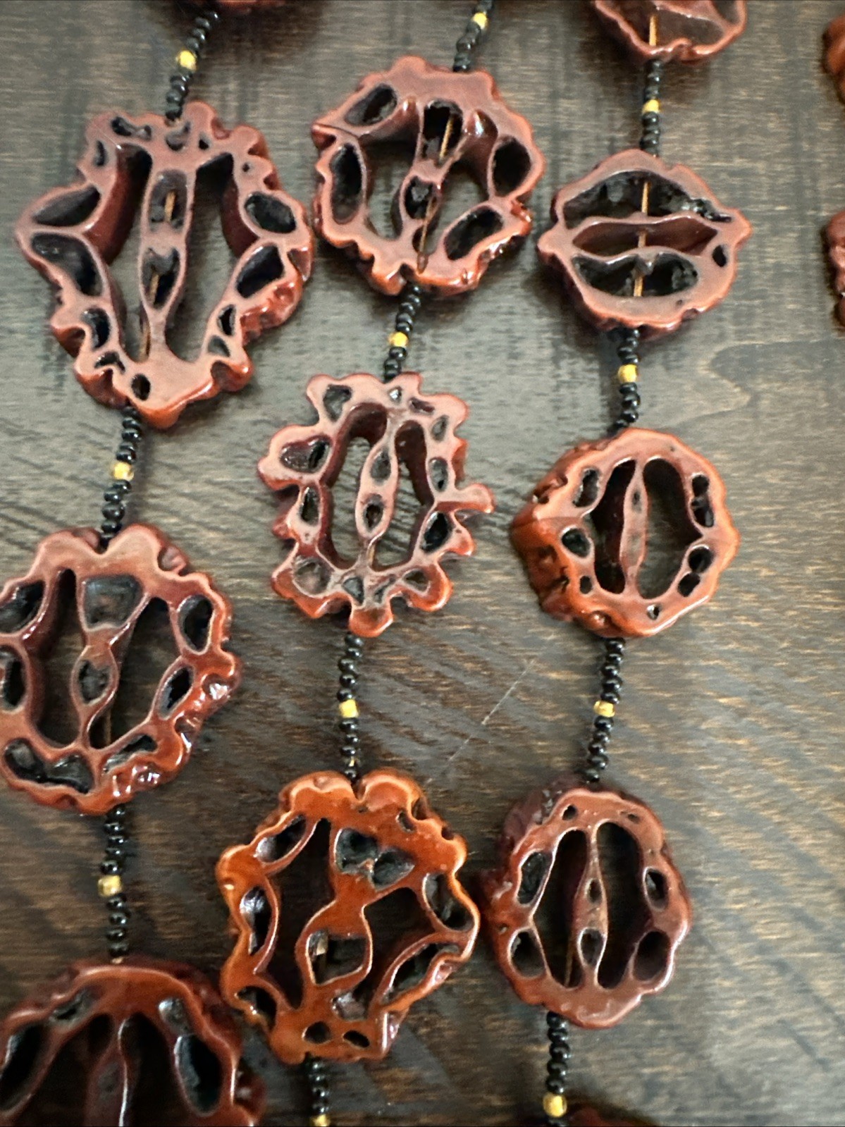 Vtg Handcrafted Black Walnut Slice Necklace – Long 46″ Boho Carved Wood Beads