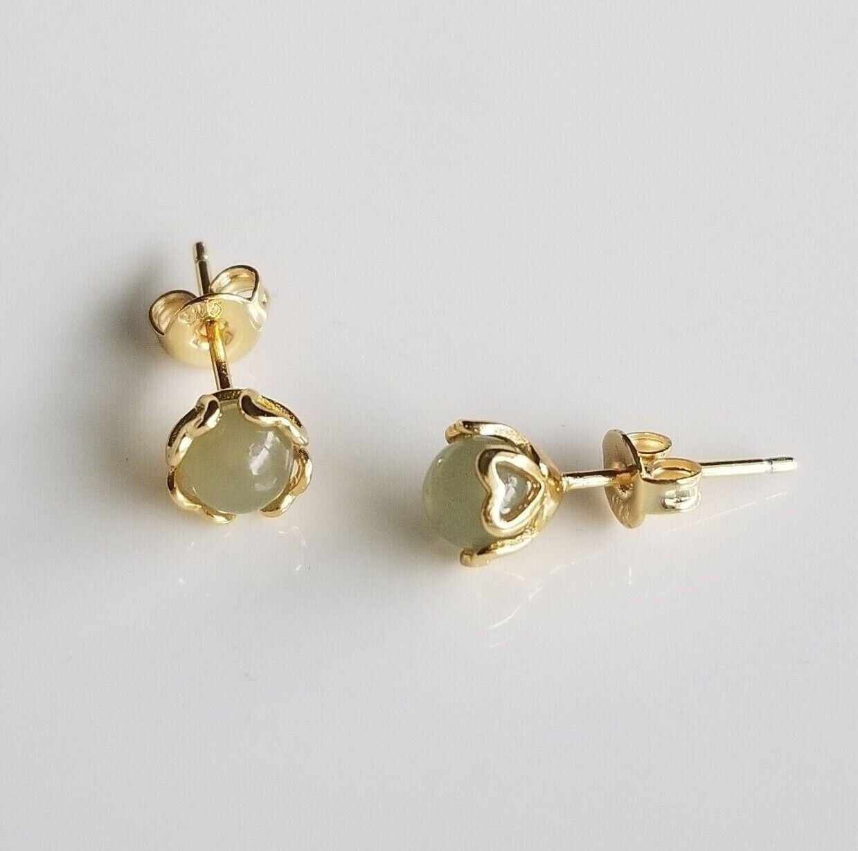 2 PAIRS Gold+Silver Color Natural 5mm JADE Stud Earrings 925 Sterling Silver