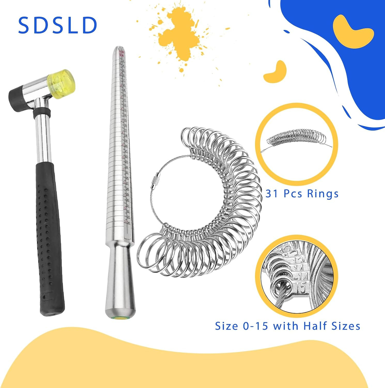Ring Mandrel Metal Ring Sizer Measuring Tool & Rubber Jewelry Hammer Ring Sizing