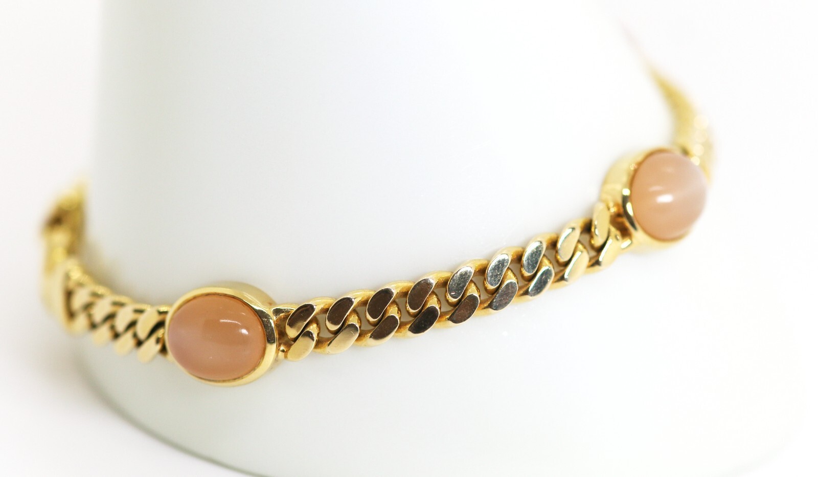 Flat Curb Link Bracelet Yellow Gold Rose Quartz Cabochon 14kt – 585, L: 20cm