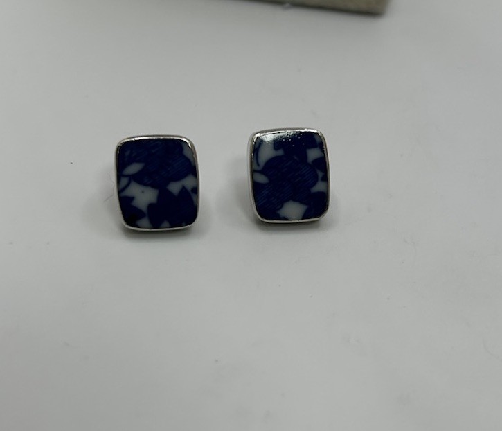 Vintage Blue White Silver Floral Earrings Jewelry No Backings