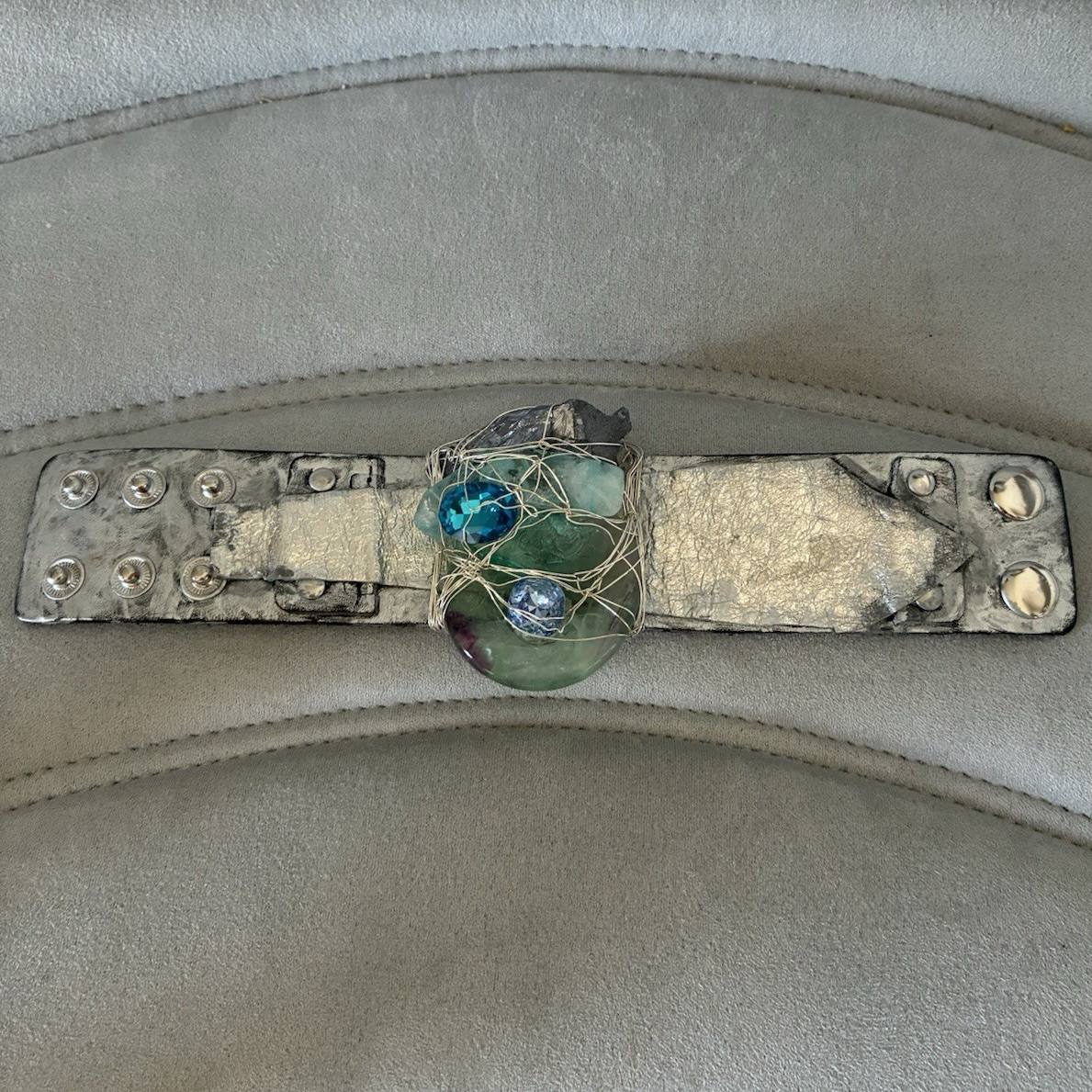 Leather Snap Cuff Bracelet in Black & Silver with Round Blue Green Crystal