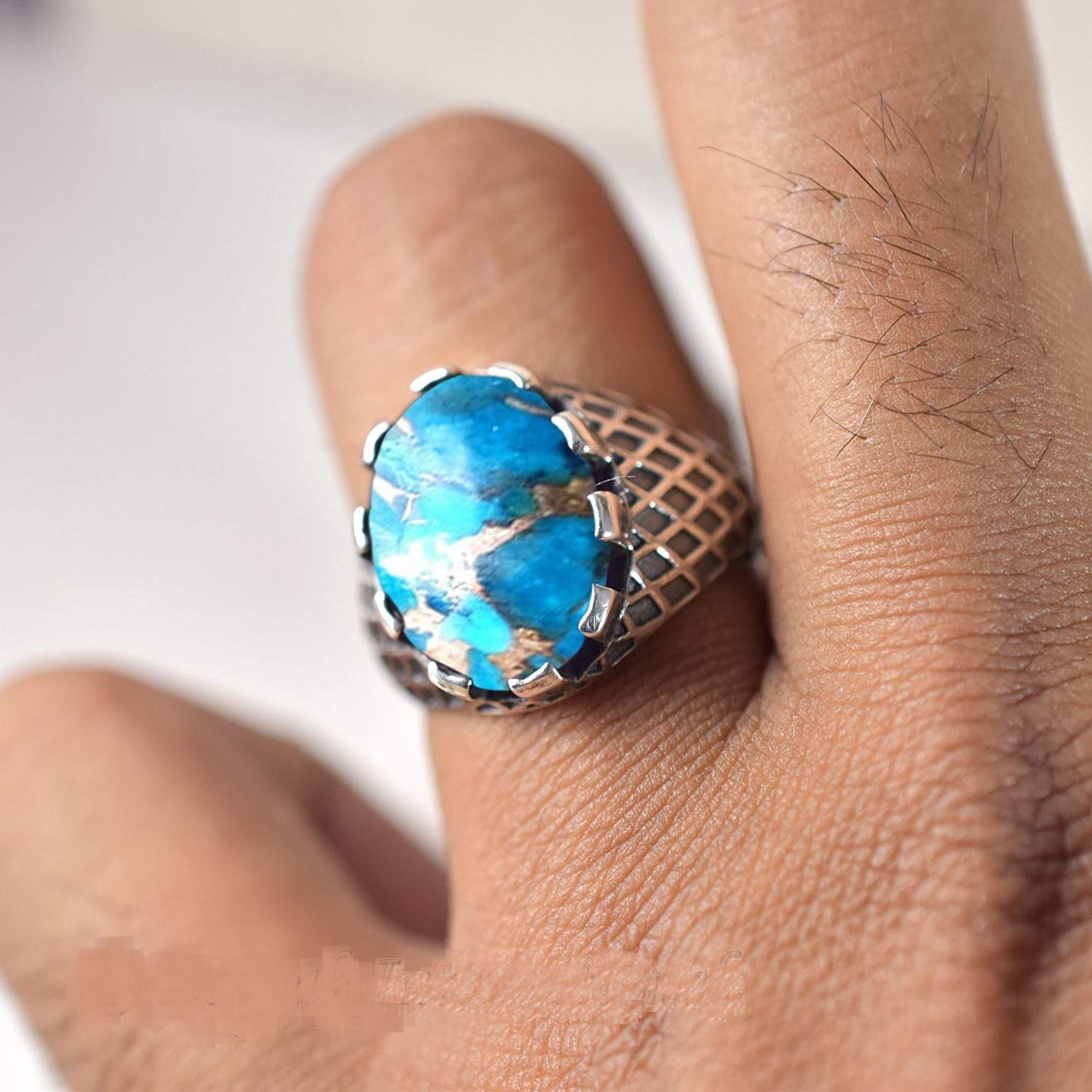 Solid 925 Sterling Silver AA Natural Copper Turquoise Gemstone Men’s Unisex Ring