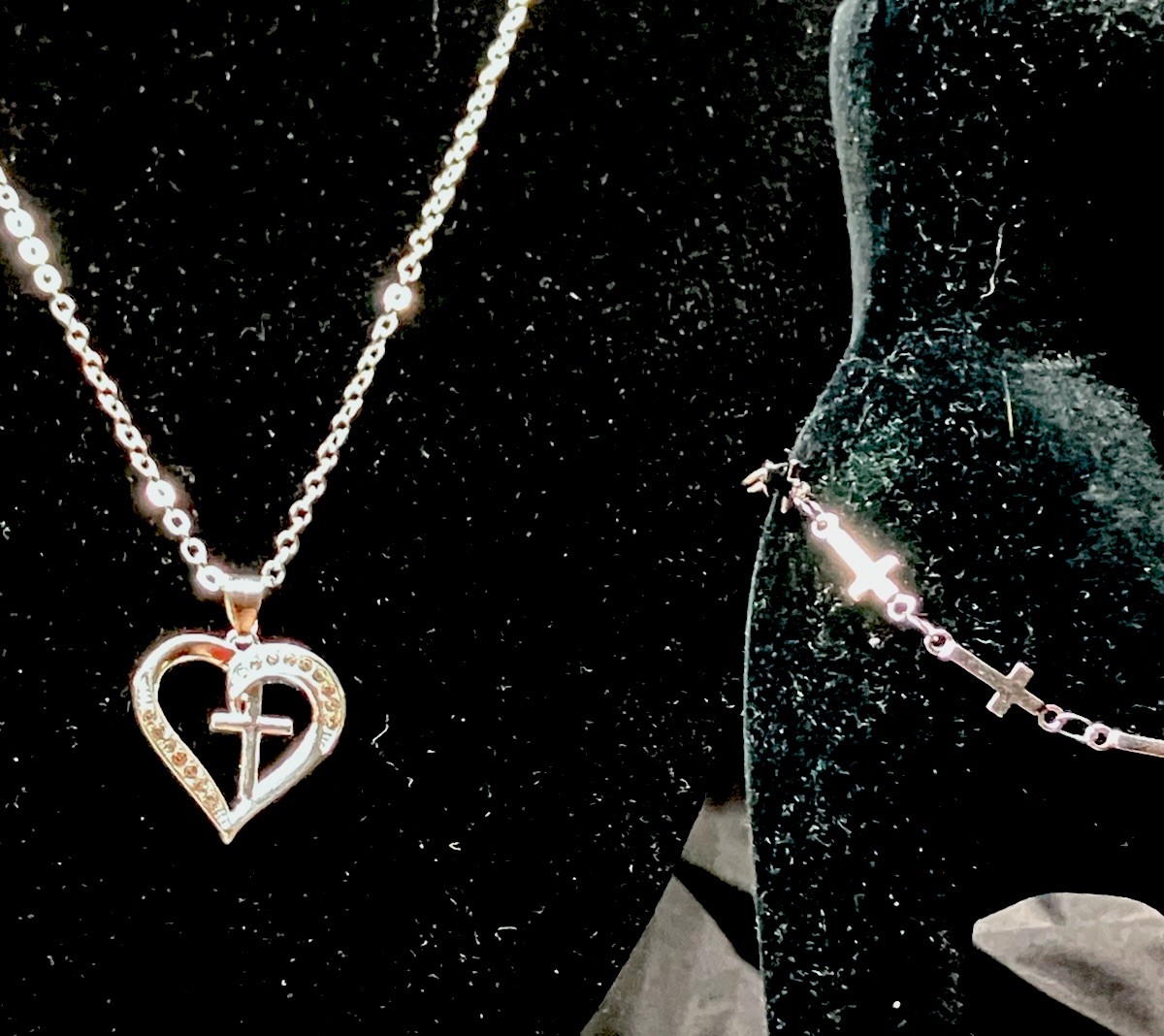 Womens Stainless steel heart w/cross CZ necklace and cross bracelet set