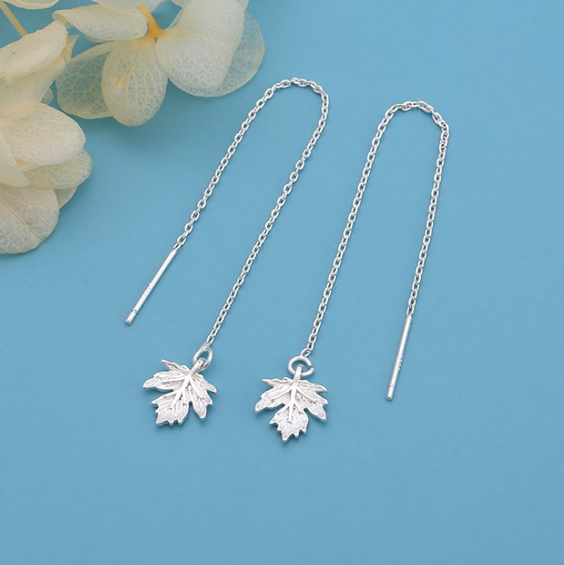 925 Sterling Silver Maple Leaf Pull Through Earrings Leaves Plants Threader PE62
