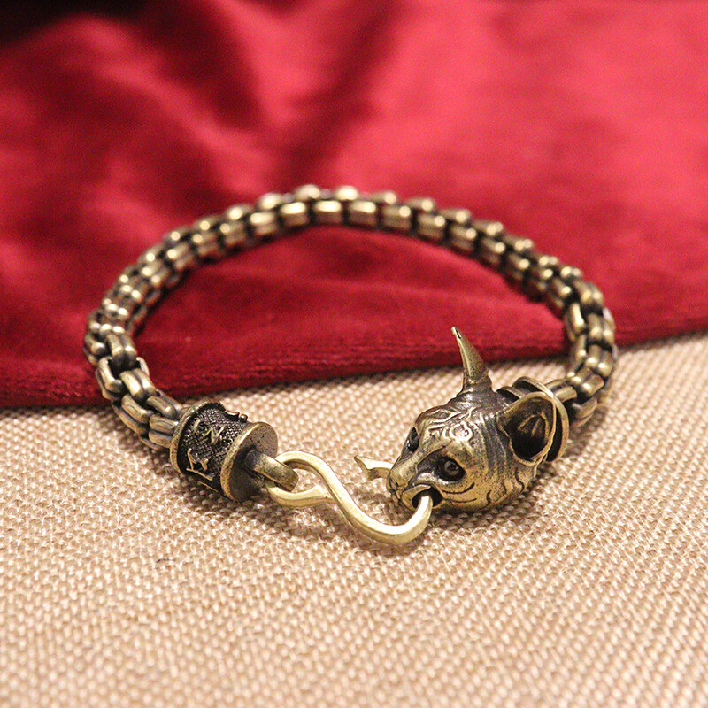 Bastet w/ Garnet Eyes Brass Ancient Egyptian Cat Deity Golden Chain Bracelet