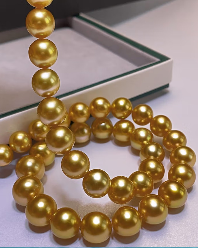 HUGE 18″11-12mm natural south sea genuine gold perfect round pearl necklace 14K