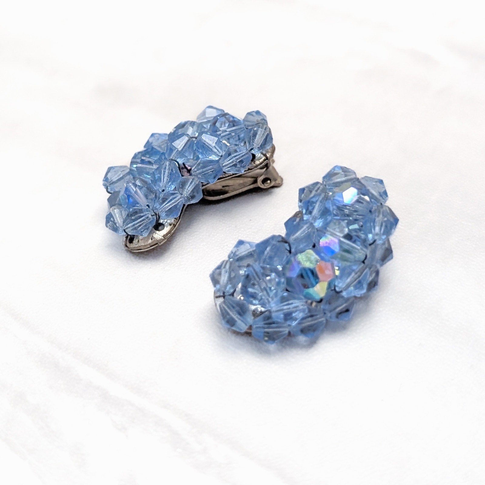 Vintage Clip On Earrings Kidney Bean Shape Large Blue Beaded Statement 1 & 3/8″