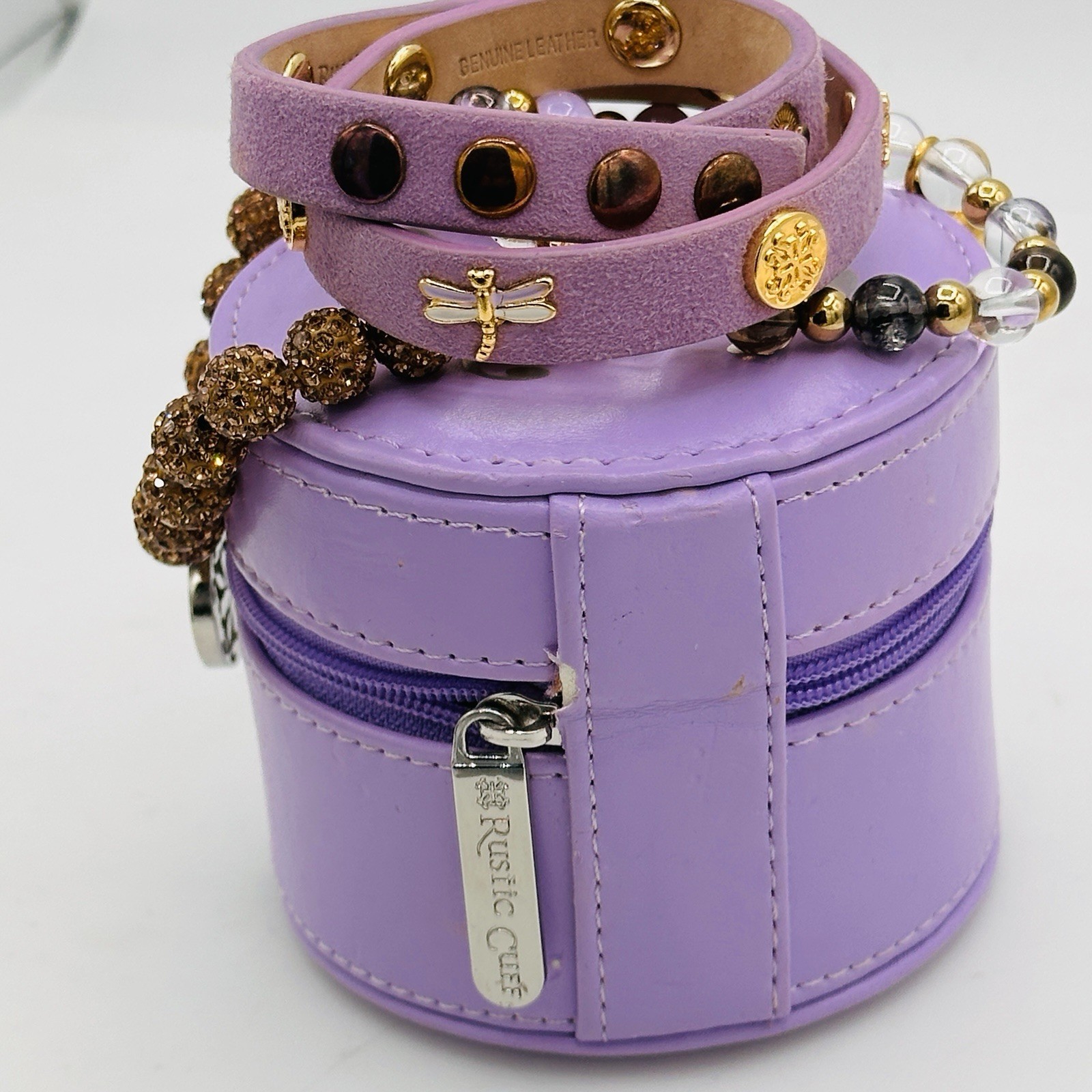 Rustic Cuff Dragonfly Lavender Leather Wrap Bracelet 3pc Stack Set w/ Case