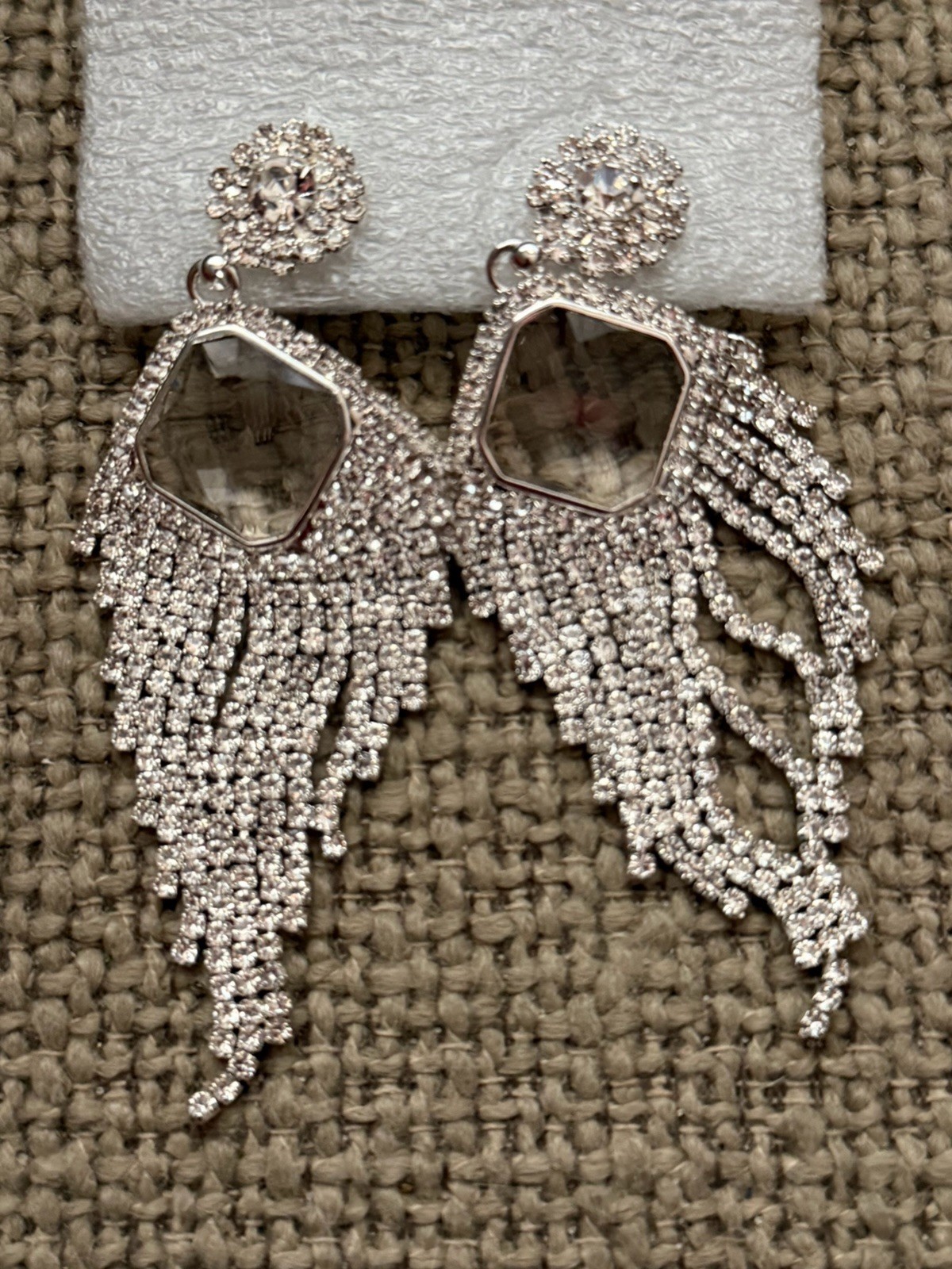 Silver Tone Clear Crystal Rhinestone Fringe Dangle Drop Earrings 3.5 in