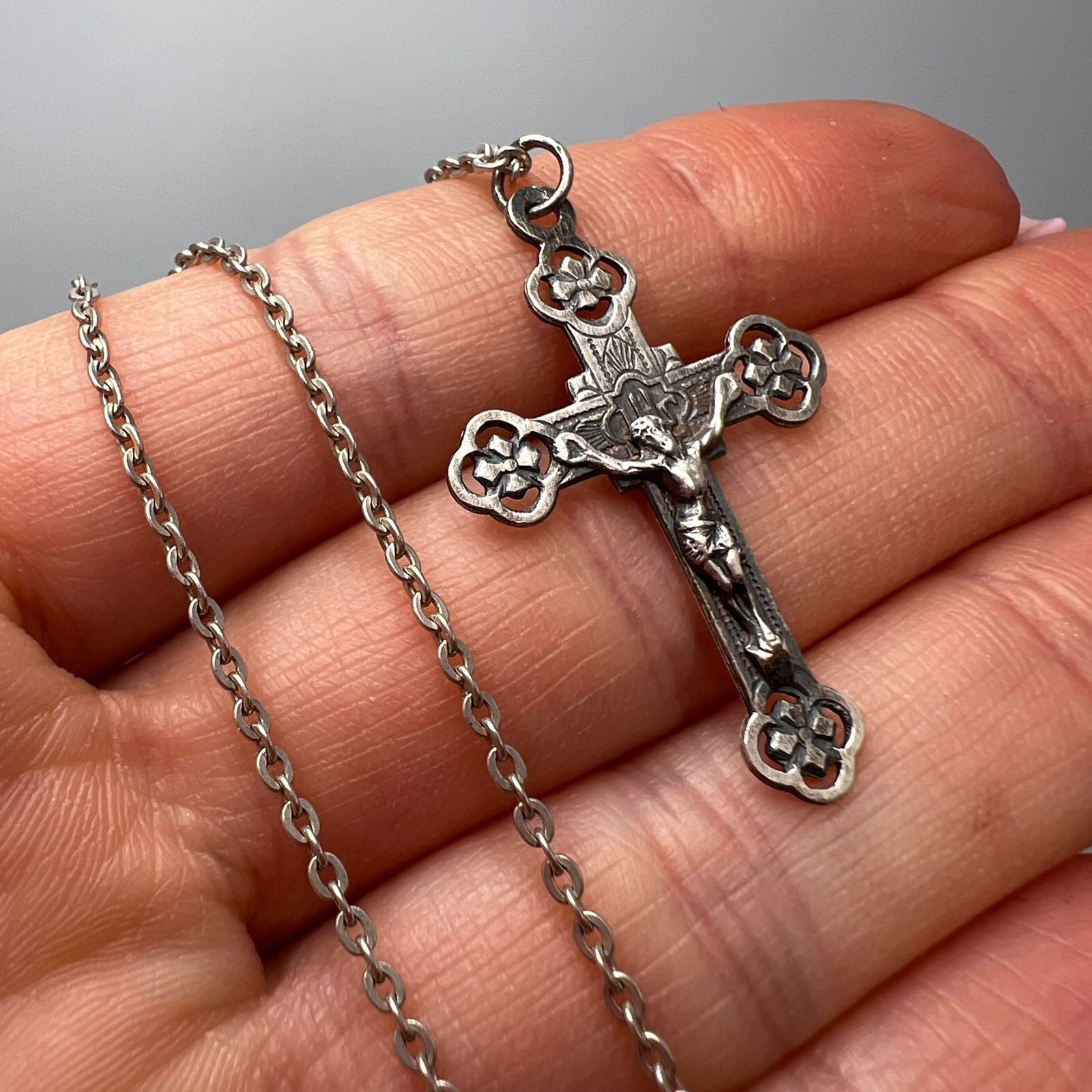 Vintage French 800 Silver Crucifix Cross Pendant w/ Chain Marked 38cm Religious