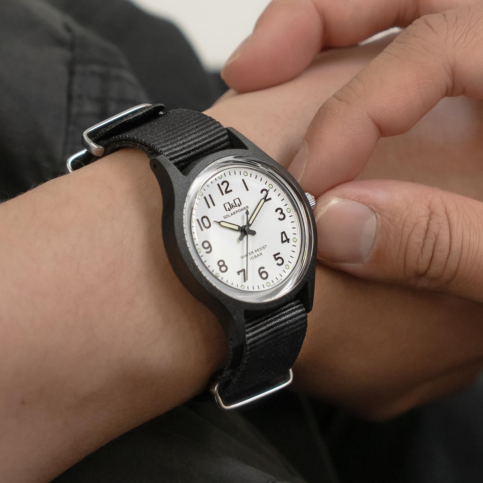 CITIZEN Q&Q Solar Watch, 10 ATM Water Resistant, Nylon Strap, E05A-002VK, Men’s,
