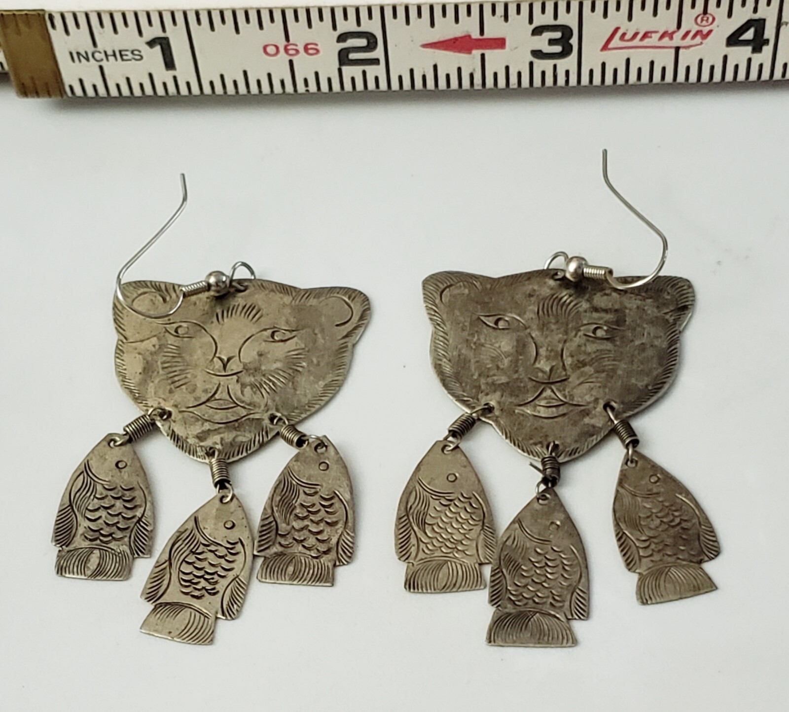 Vintage Handmade Silvertone Turkmen Turkish Eithnic Cat Earrings w/ Dangle Fish