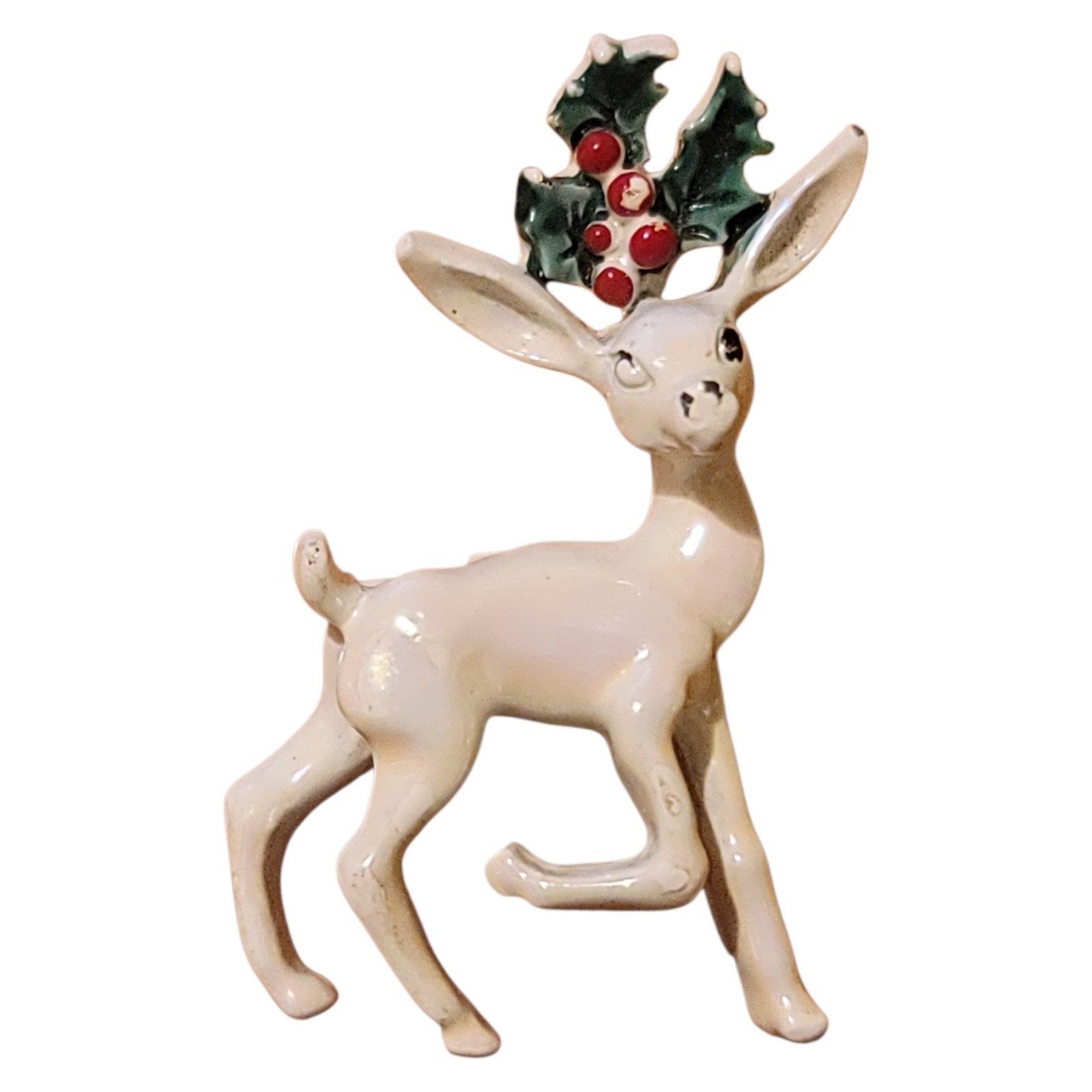 Gerry’s Enamel White Reindeer Brooch Pin Iridescent Christmas Signed Vintage