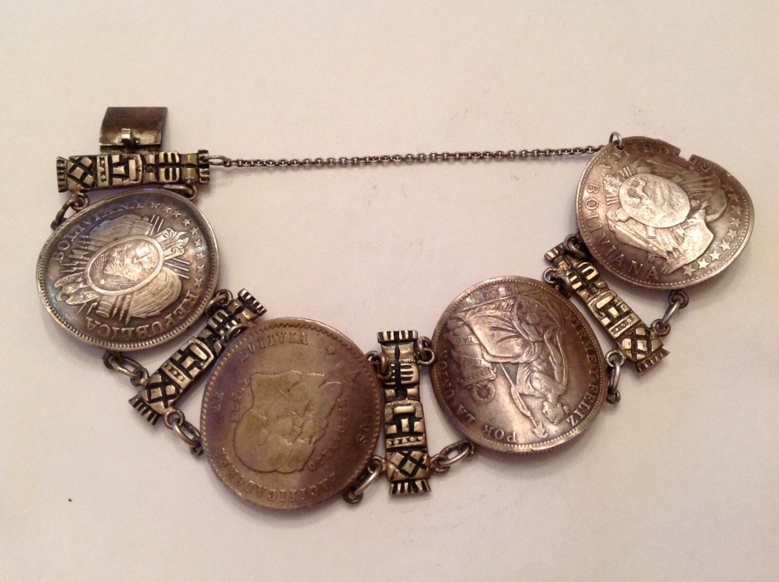 ~Antique Sterling Silver Bracelet – Coins of Bolivia & Peru 1865 – 1907