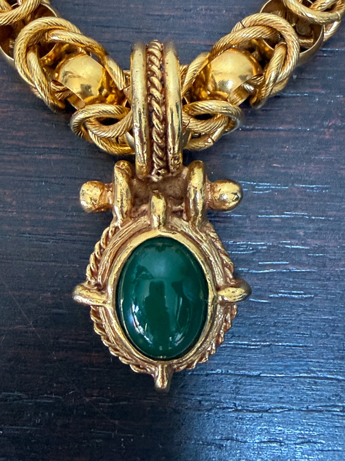 Vintage Bijoux VanWyk Gold Tone Necklace Green Cabochon Pendant Statement Signed