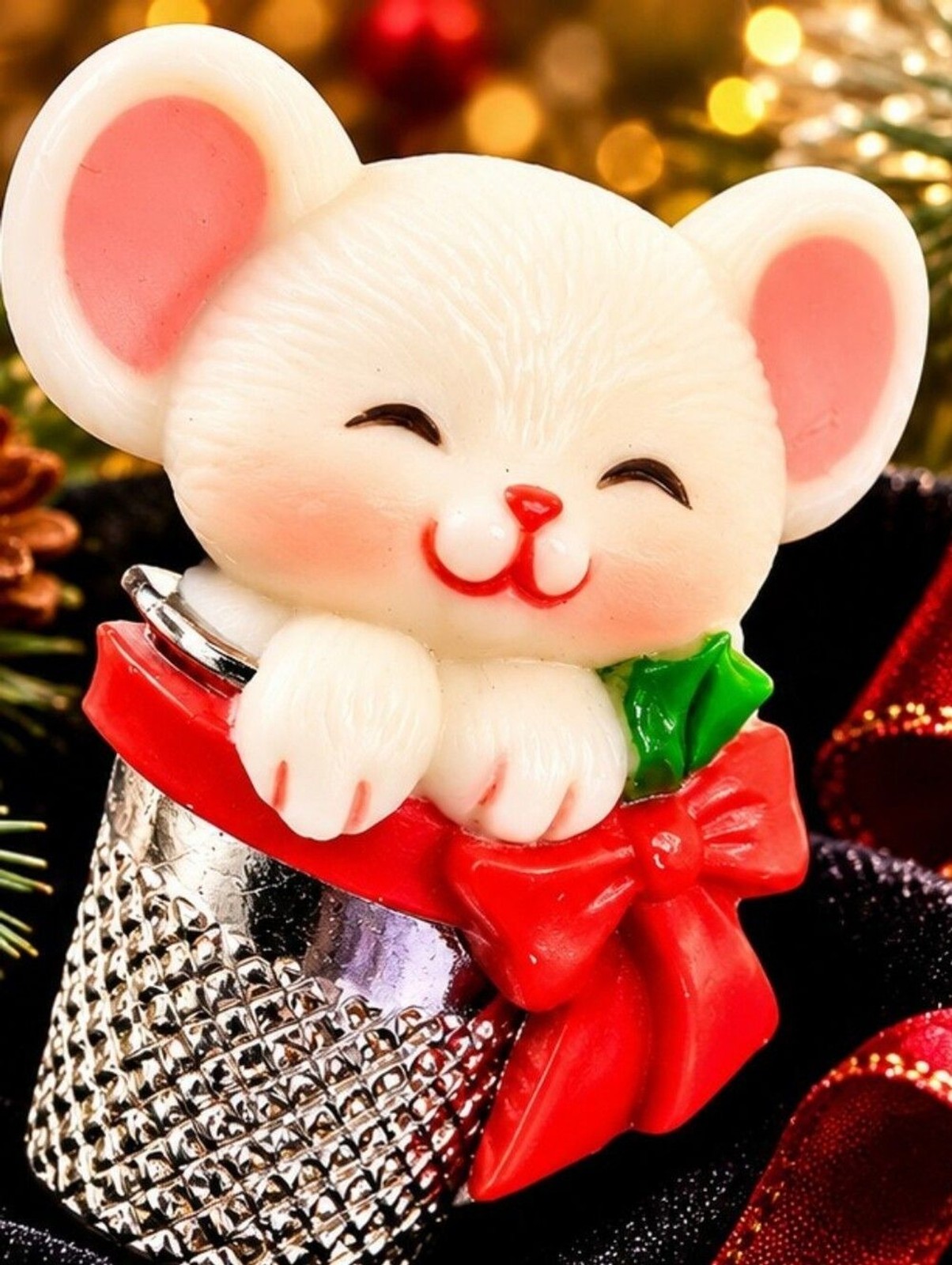 Vintage 1983 Hallmark Christmas Mouse Brooch Mouse in Thimble Holiday Pin