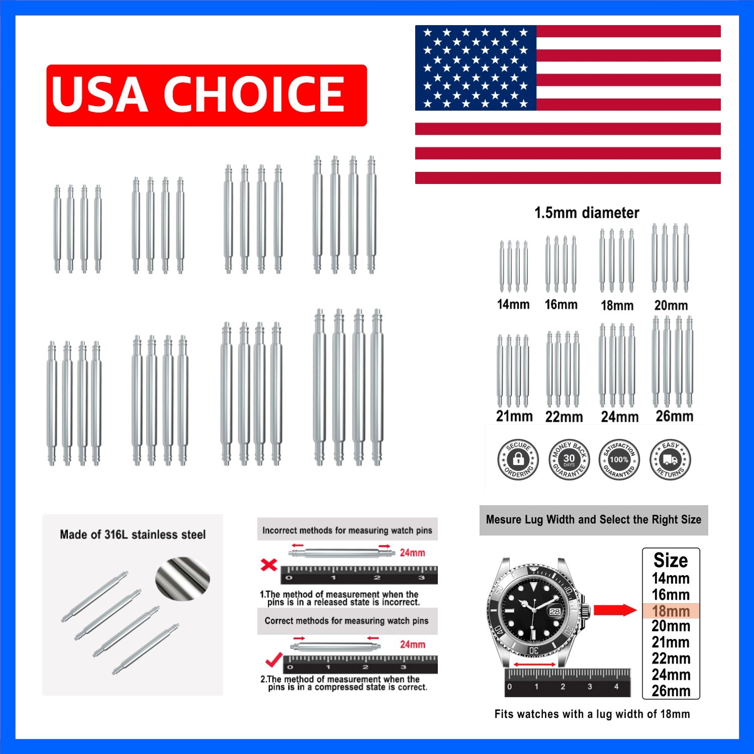 Watch Band Pins，32pcs Thickness Heavy Duty Spring Bar, 1.5mm/1.8mm 316L Stain…