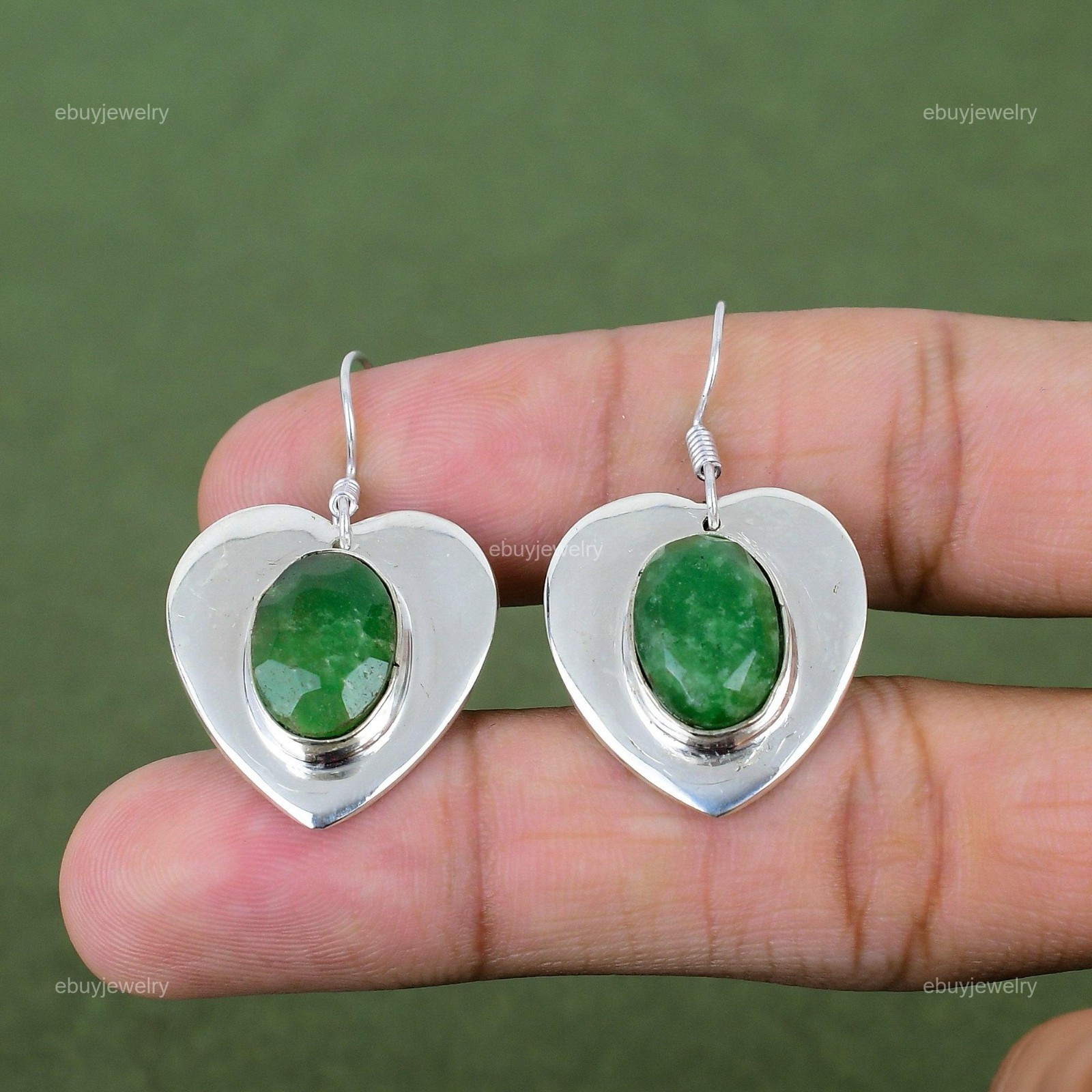 925 Sterling Silver Zambian Emerald Gemstone Dangle Drop Mother Heart Earrings