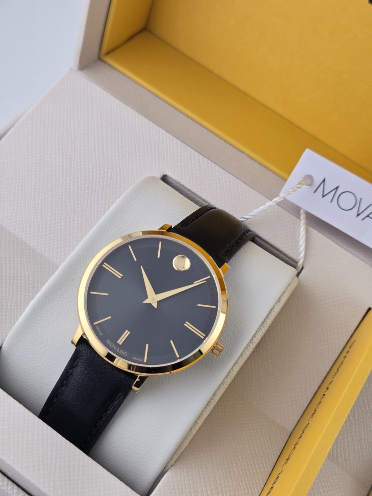 Movado Ultra Slim Women’s Gold Bezel Black Dial Watch – 0607091 ($795 MSRP)