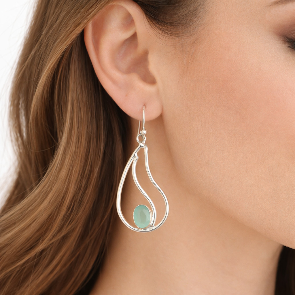 Natural Aqua Chalcedony Gemstone Earrings 925 Silver Handmade Jewelry 1.94″ Gift