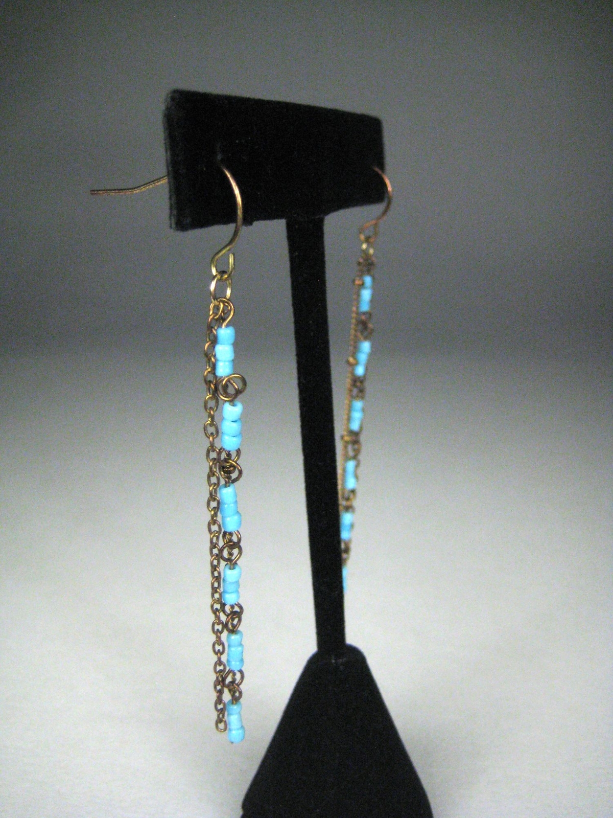 Blue Sead Beaded Dangle Earrings Pierced Copper Color Metal Chain 2.8 in