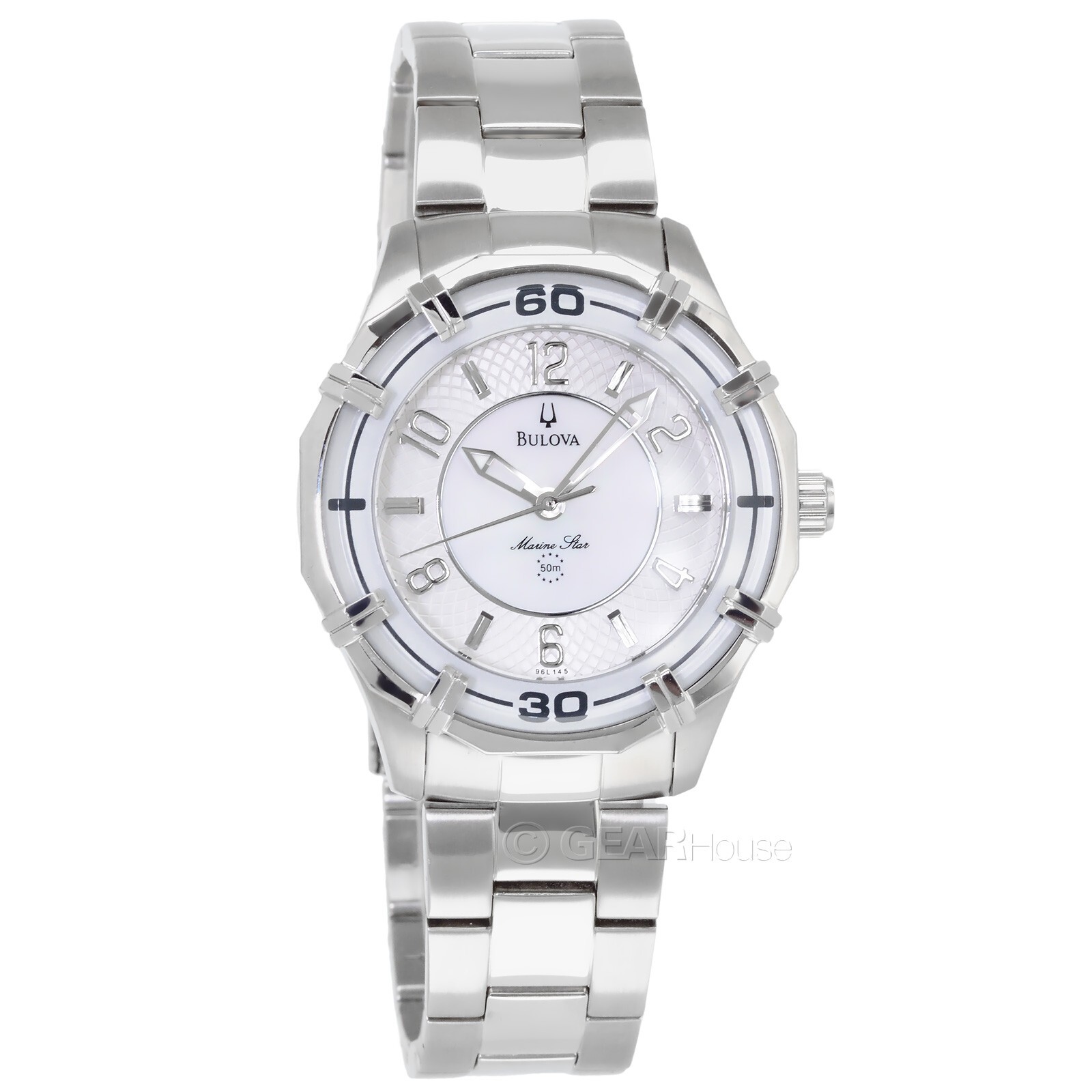 BULOVA Marine Star Womens Watch, White MOP Dial, Silver Stainless Steel Band