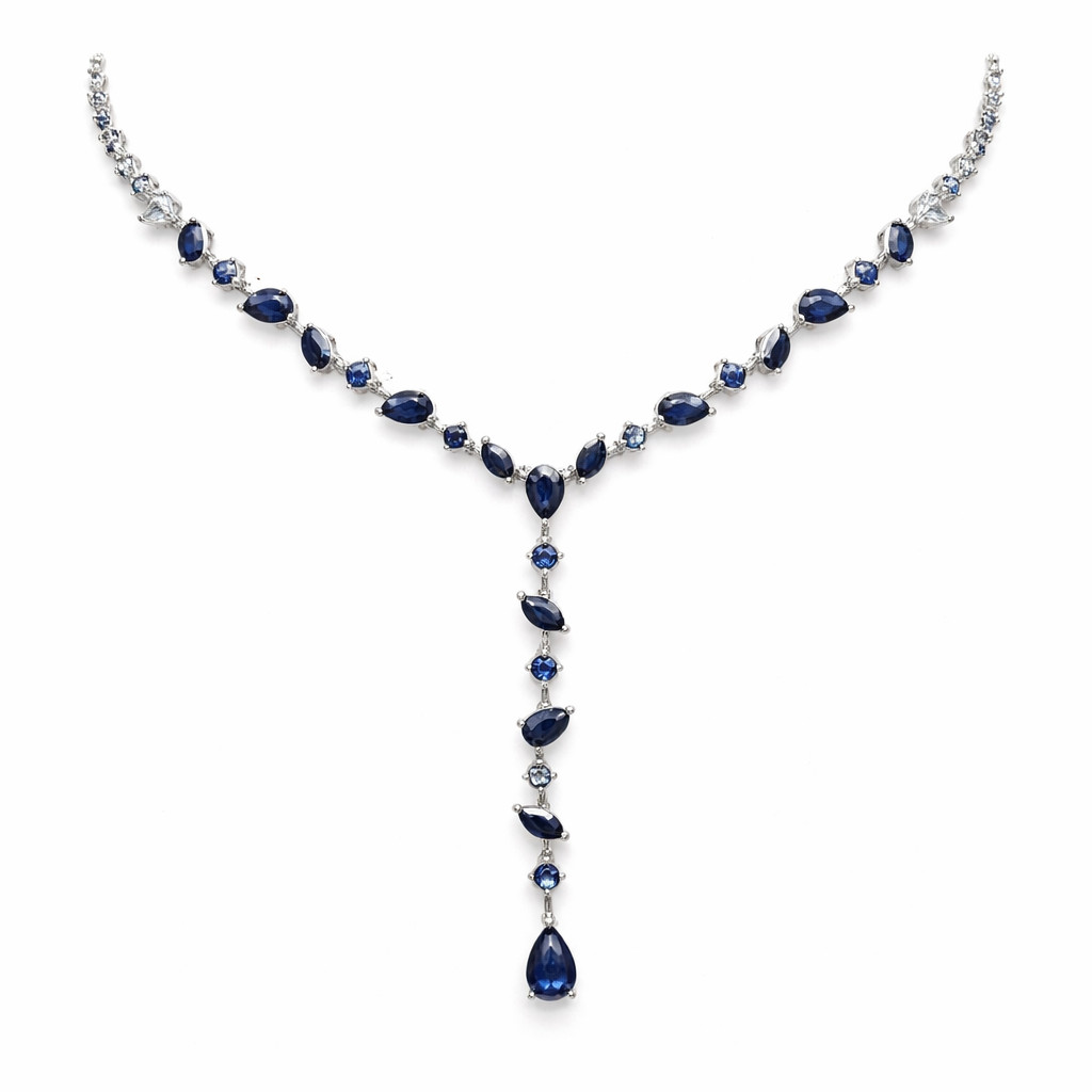 Thai Handmade 4 x 6 mm. Blue Sapphire White Zircon Necklace 17.0 In.