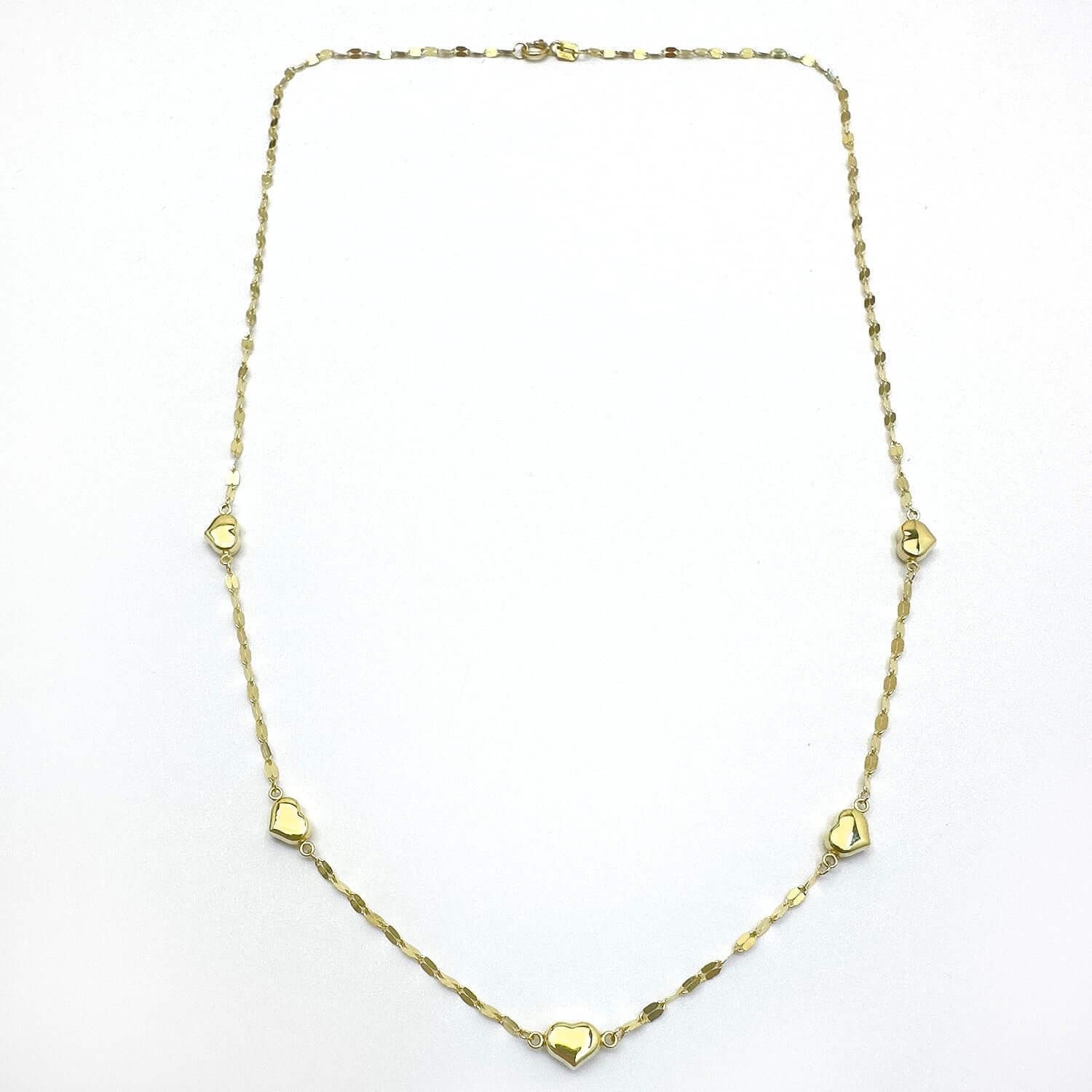 14K Gold 2mm Mirror-Link Heart Charms Chain Necklace 18″