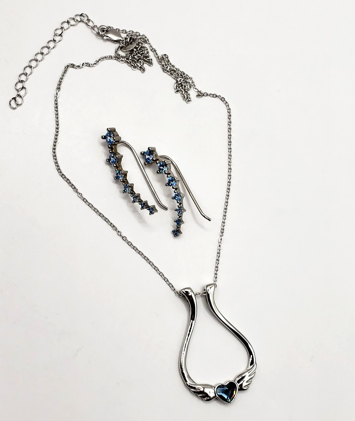 925 Sterling Silver Heaven Angel Wings Blue Arch Necklace & Earrings