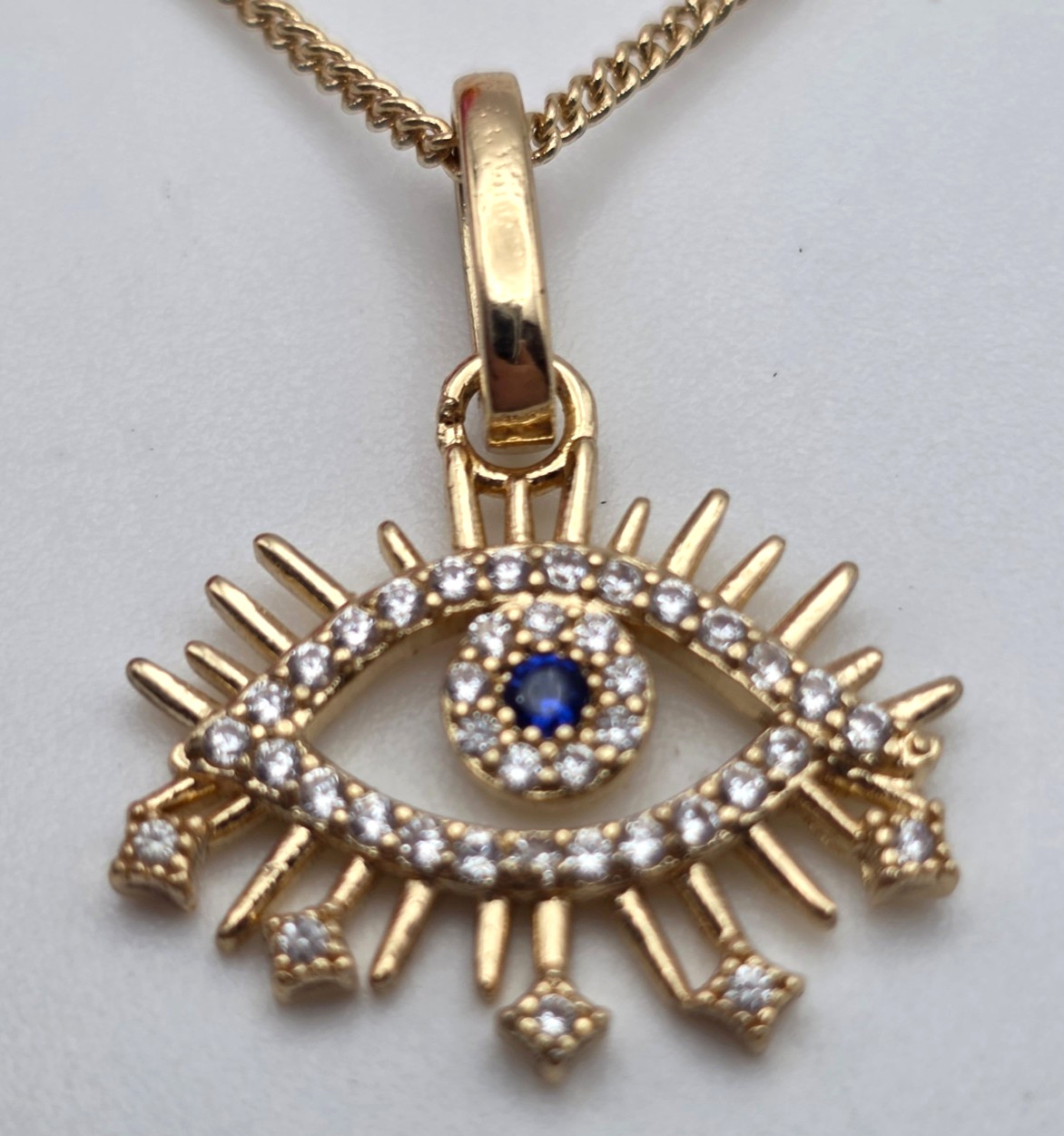 Gold Tone Evil Eye Pendant Necklace Blue & Clear Crystal Ball Station Chain 19″