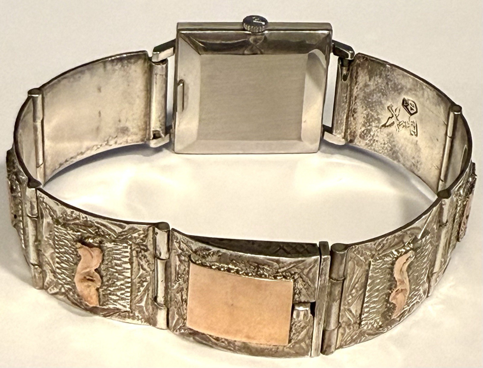 Vintage MOVADO 26mm Square| 925 Silver AZTEC & MAYAN Symbols 7.0″ Bracelet Watch