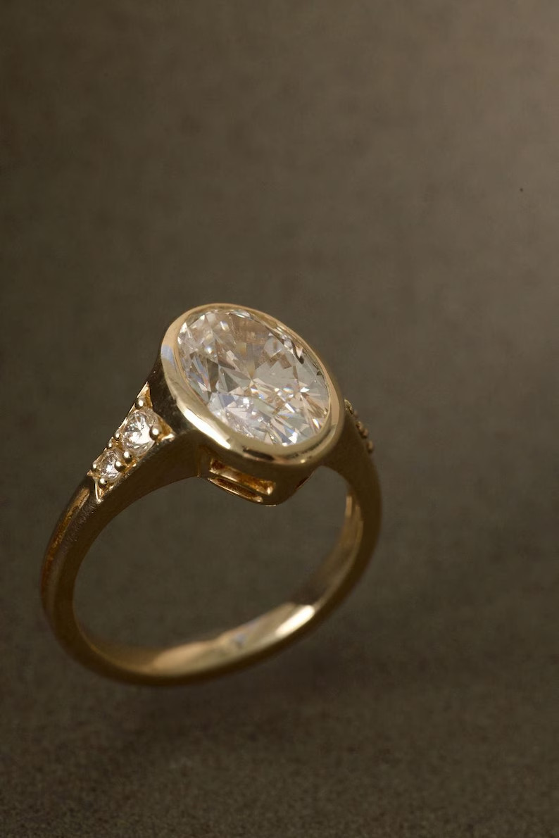 Oval Moissanite Bezel Engagement Ring 925 Silver que Bezel Set Bridal Ring Gift