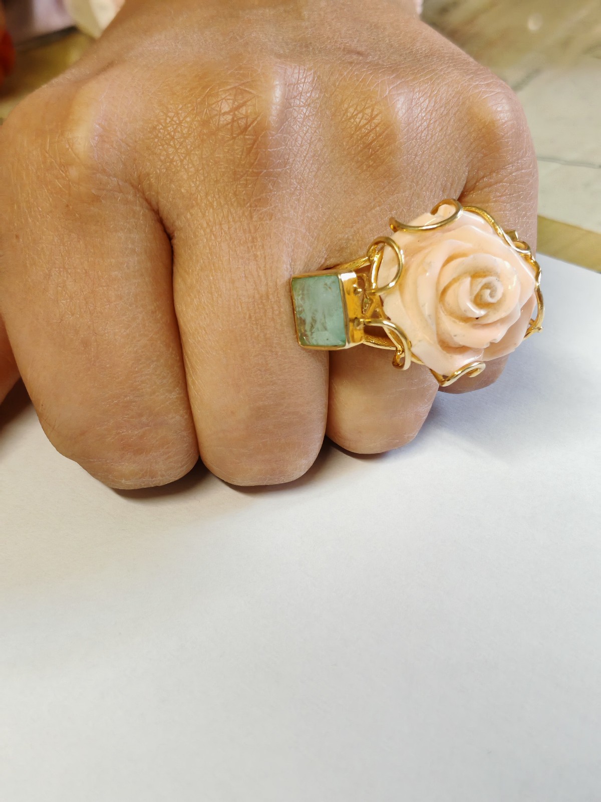 Women’s Ring Real Coral Pink Band 925 Silver Plac Yellow Gold Handmade