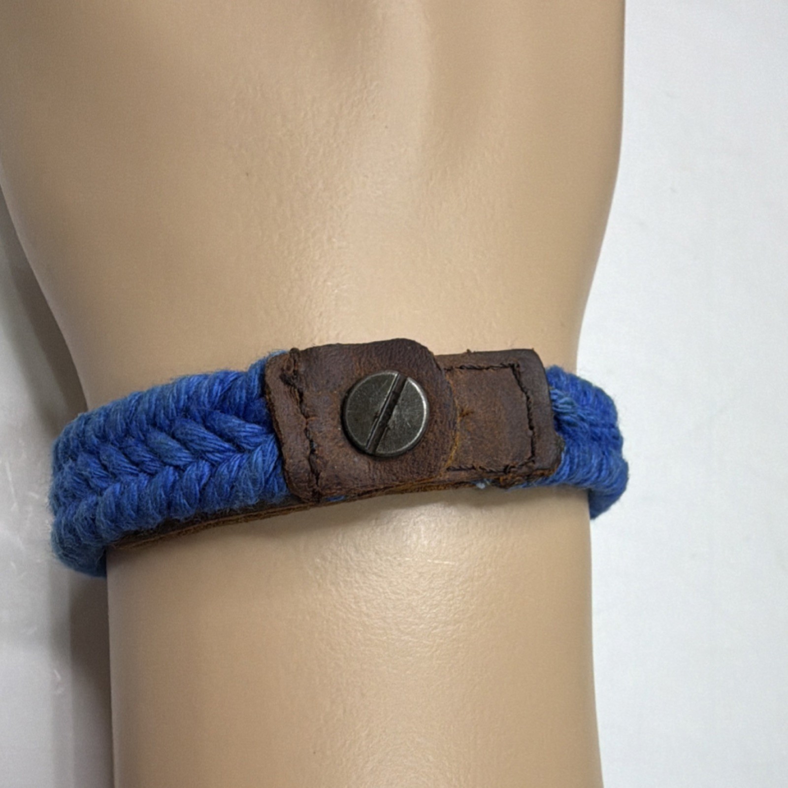 Blue Brown Braided Yarn Leather Bracelet Screw Closure Unisex Adults 9”